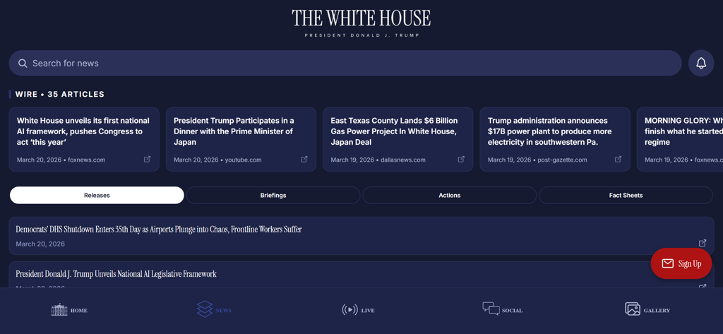 Interface of the official White House app showing the news feed with administration updates and articles.