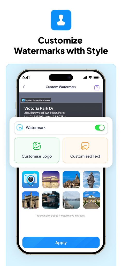 Smartphone screen showing the Tagofy app watermark customization menu with options for custom logos and text.