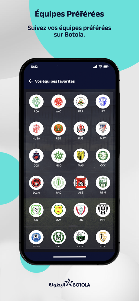 Screen of the Botola app showing a grid of Moroccan football club logos to select as favorites