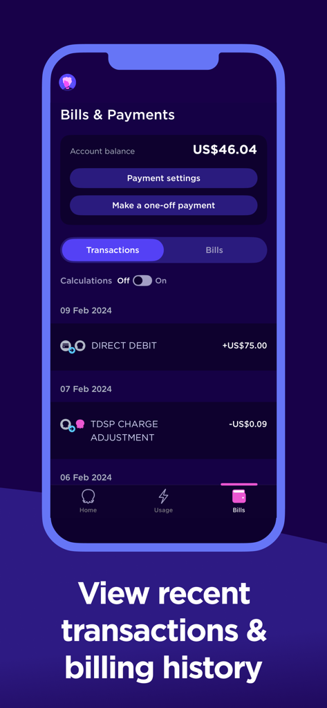 Octopus Energy app showing account balance and recent transactions history