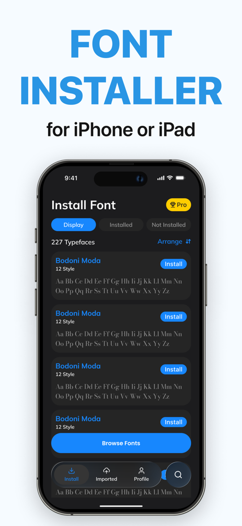 Install Font - Fonts Installer - Interfaz de la app Fuentes Instalador Fontsia en iPhone mostrando una lista de fuentes como Bodoni Moda con botones de instalación