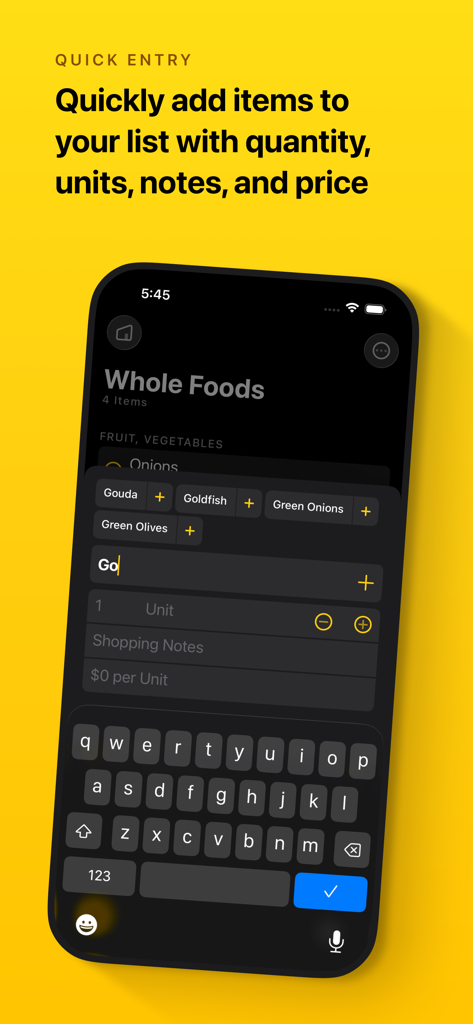 Grocery - Smart Shopping List - Una interfaz de aplicación móvil que muestra la función de entrada rápida para agregar artículos de comestibles con cantidad y notas.