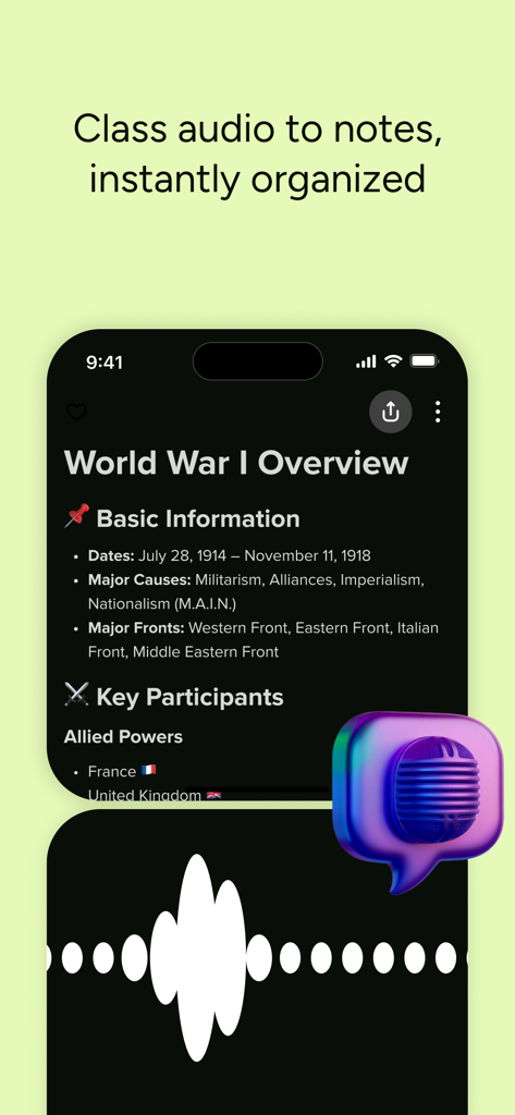 Brainly app interface showing a class audio recording being converted into organized study notes