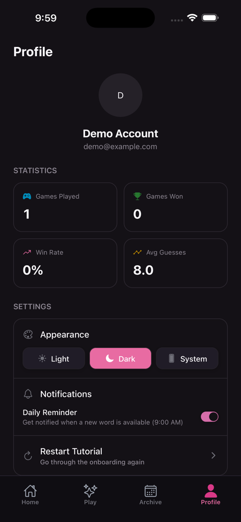 Semantix - Guess the Word - Profile screen of the Semantix word game app displaying player statistics and appearance settings in dark mode.