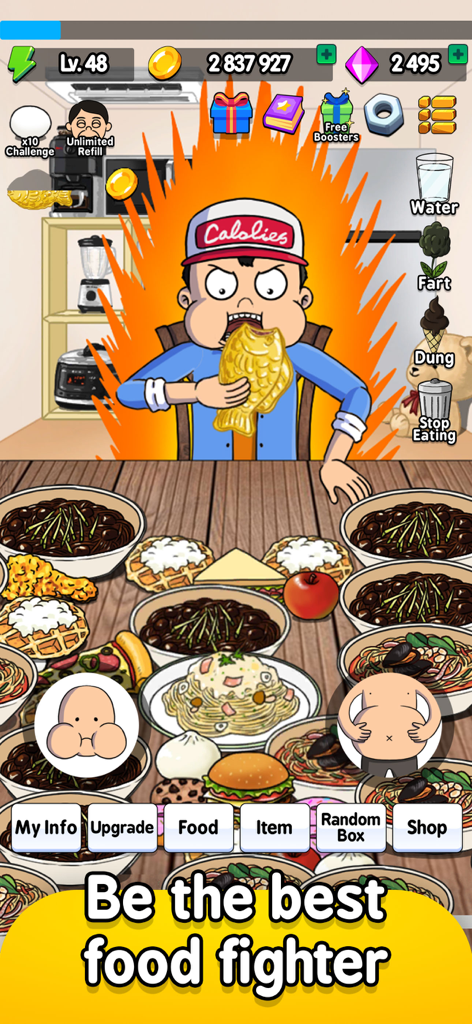 Food Fighter Clicker | Mukbang - A cartoon character in Food Fighter Clicker eating at a table full of various dishes like noodles and pizza.