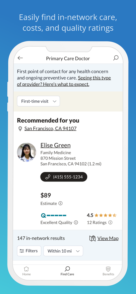 Engage Wellbeing - Engage Wellbeing app screen showing primary care doctor search results with costs and quality ratings.