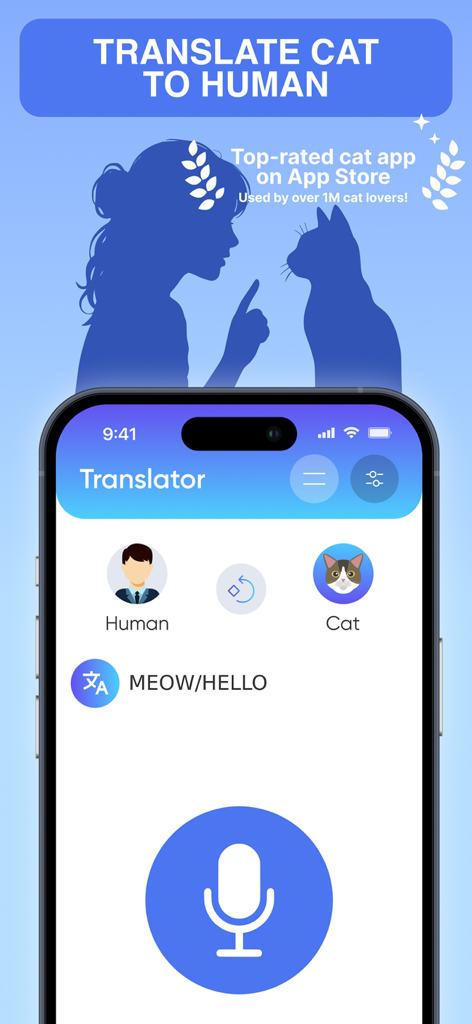 MeowLingo: Cat Translator - MeowLingo App-Oberfläche, die die Katzen-zu-Mensch-Übersetzungsfunktion mit einem Mikrofonknopf zeigt