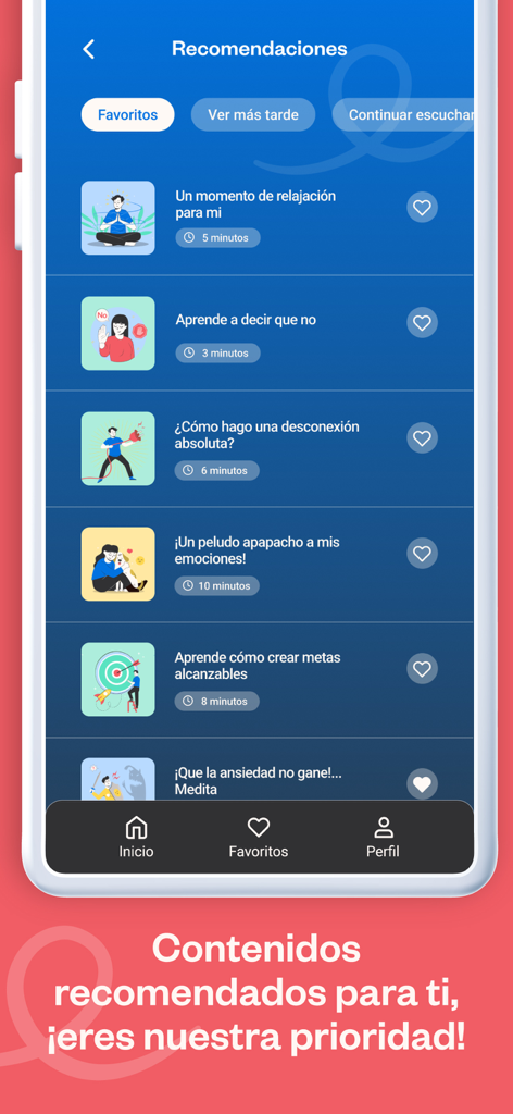 Cuéntame: Bienestar emocional - Uma lista de sessões de áudio recomendadas de saúde mental e meditação na interface do aplicativo Cuentame