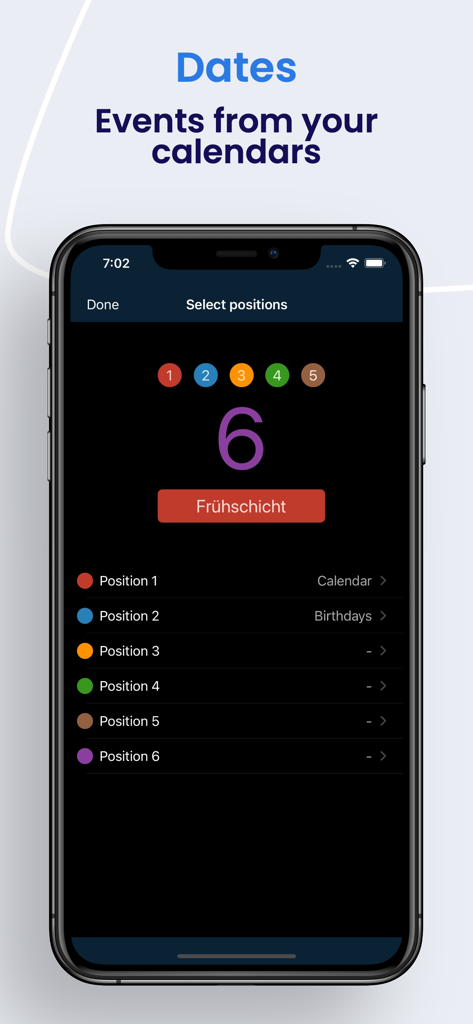 Schichter - Shift calendar - Pantalla de la aplicación Schichter para sincronizar eventos del calendario y asignar posiciones codificadas por colores.