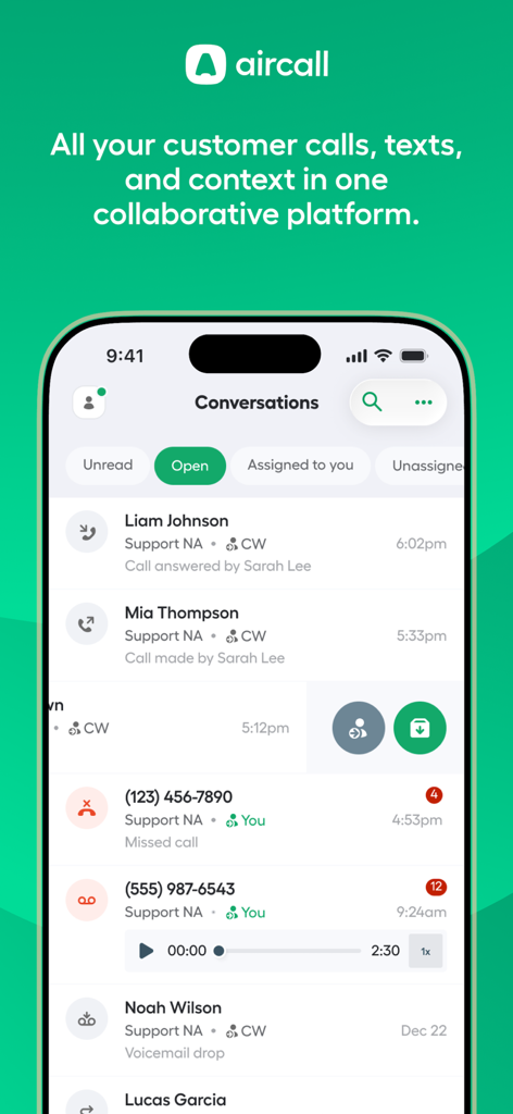 Interfaz de la aplicación móvil Aircall que muestra una lista de llamadas de clientes y registros de mensajes.