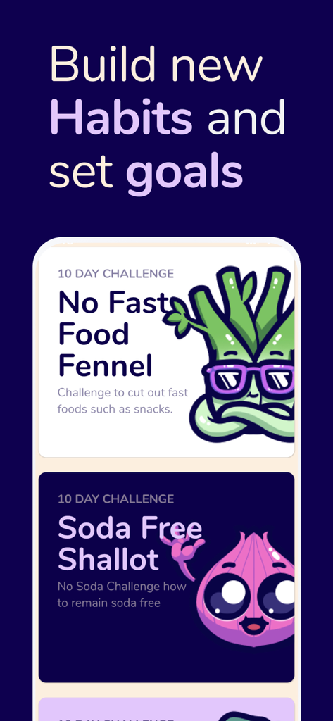 Sugarfree Quit Sugar Addiction - App screen showing 10-day health challenges for cutting out fast food and soda with cartoon characters