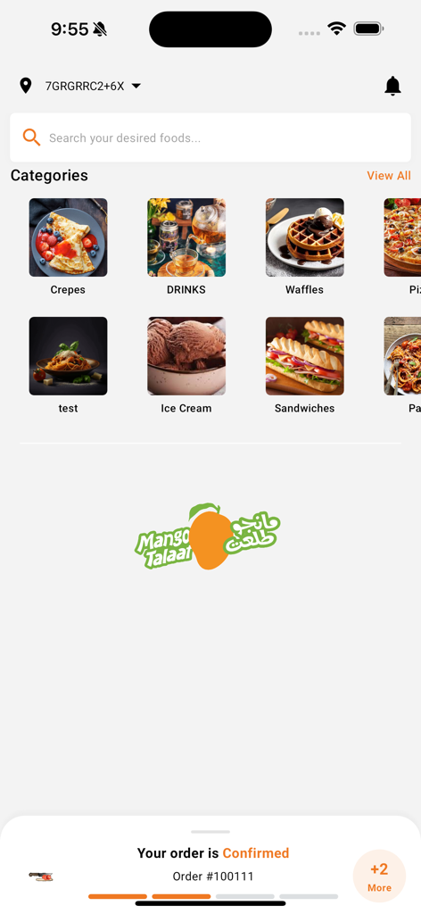 Mango Talaat mobile app interface showing food categories and a confirmed order status