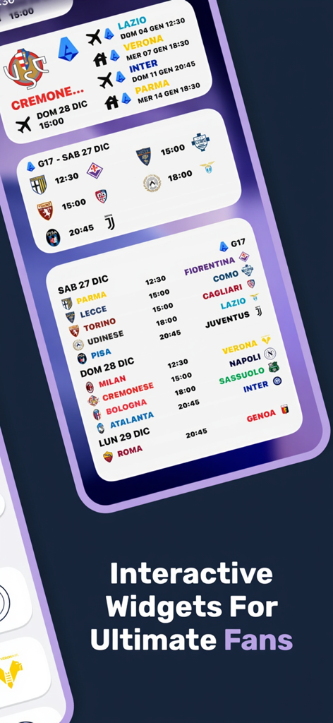 Versus: Football Widgets - Interactive football widgets showing Serie A match schedules and team logos on a mobile screen