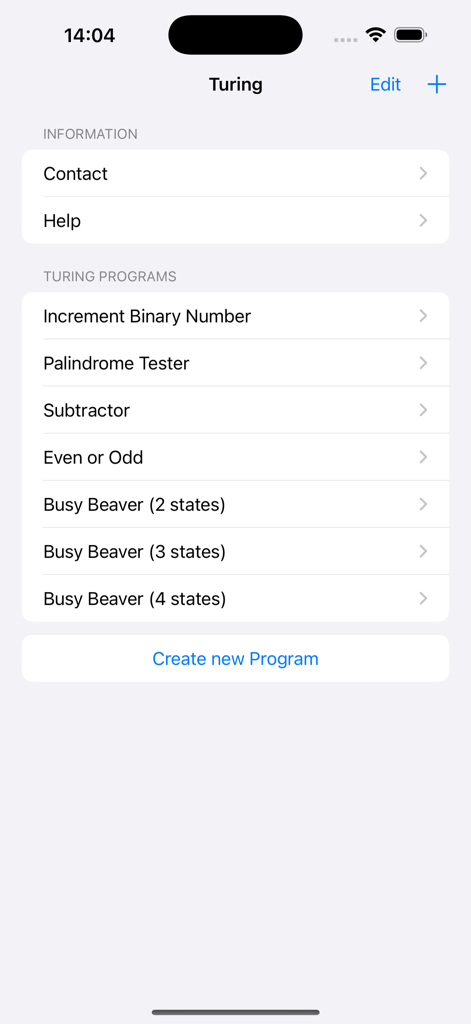 Turing Machine Simulator - Main menu showing a list of programs in the Turing Machine Simulator app