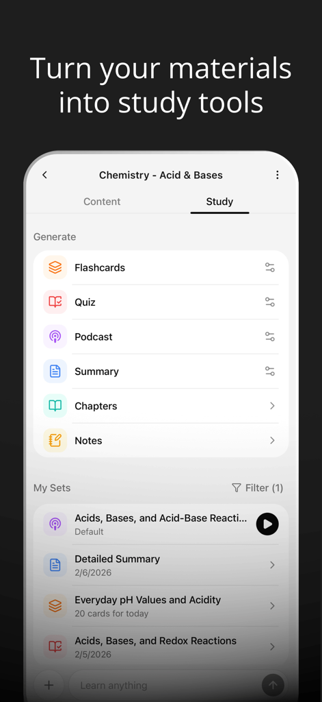 Interface of the YouLearn app showing options to generate AI study tools including flashcards, quizzes, and podcasts for a chemistry subject.