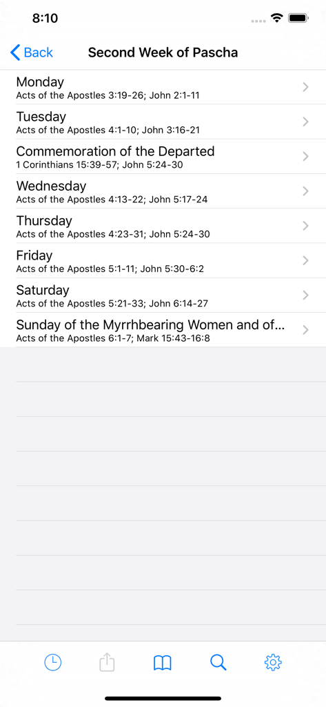 Eastern Orthodox Bible - A screen from the Eastern Orthodox Bible app displaying the daily reading plan for the Second Week of Pascha including scripture references for Acts and John.