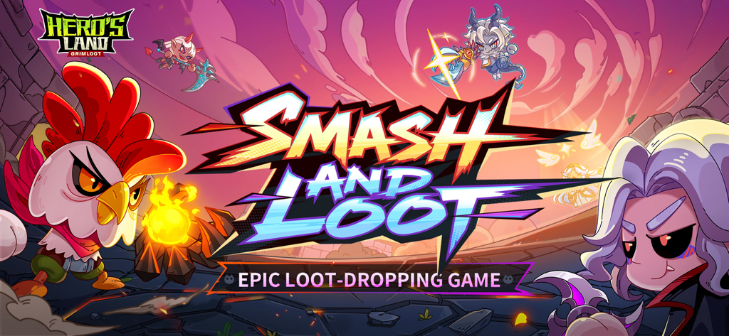 Hero's Land: GrimLoot - Heros Land GrimLoot promotional artwork with characters and Smash and Loot text