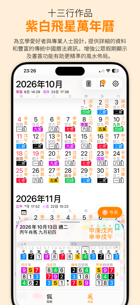 Oberfläche der Purple White Flying Stars Perpetual Calendar App, die eine Monatsansicht und detaillierte Feng Shui Flying Star-Gitter zeigt.