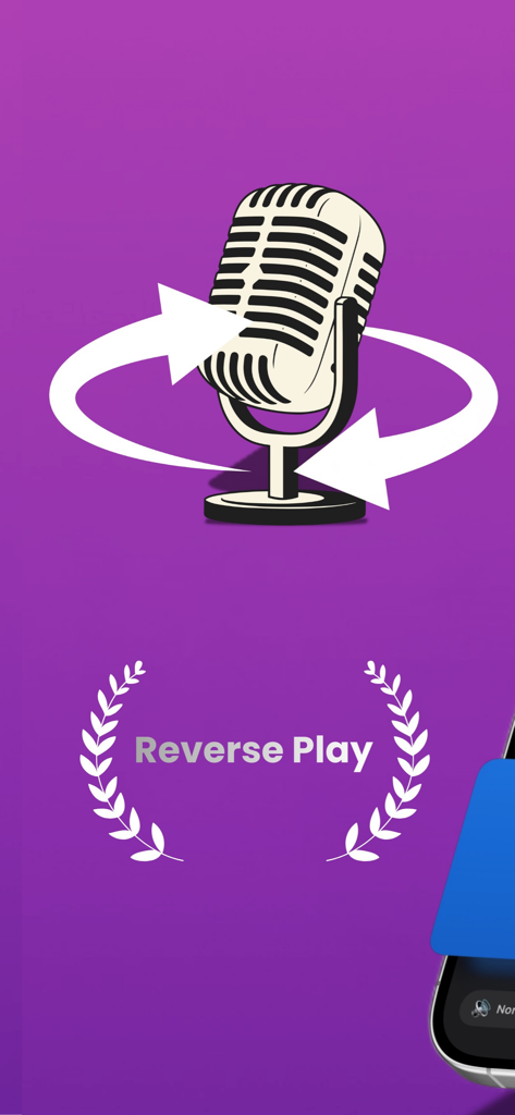 Reverse Audio & Reverse Play - Vintage microphone with circular arrows and Reverse Play text
