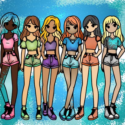 a group of girls wearing crop tops and shorts