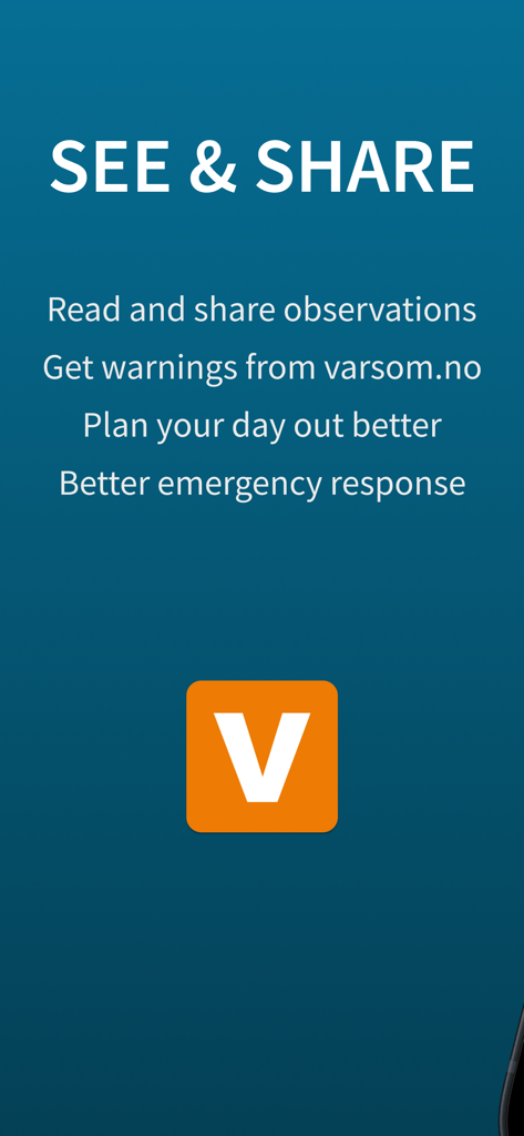 Varsom - Introductory screen of the Varsom app displaying features like reading observations and receiving hazard warnings for mountain safety.