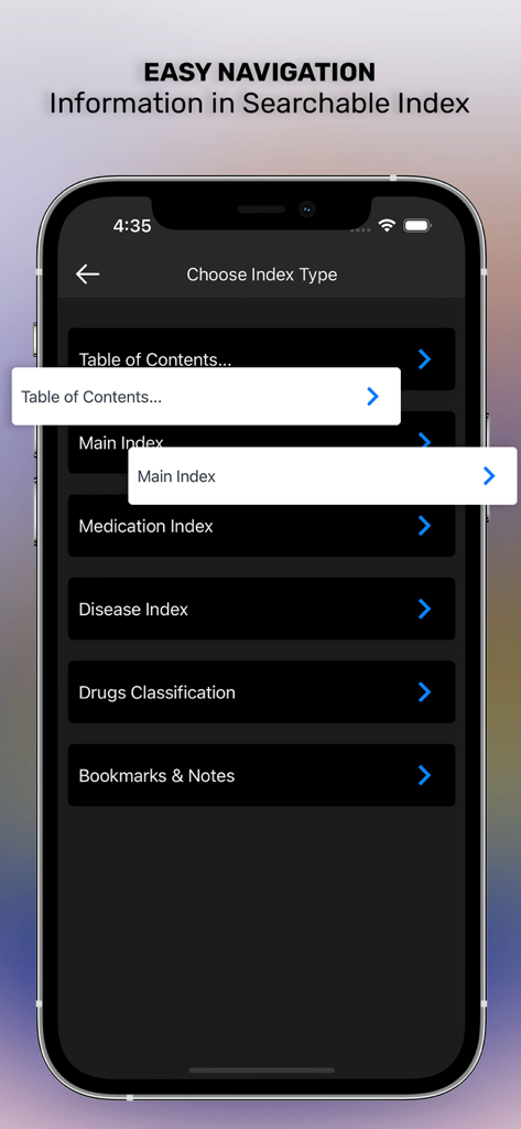EMS Notes: EMT & Paramedic - EMS Notes app screen showing searchable index options including medication and disease indices
