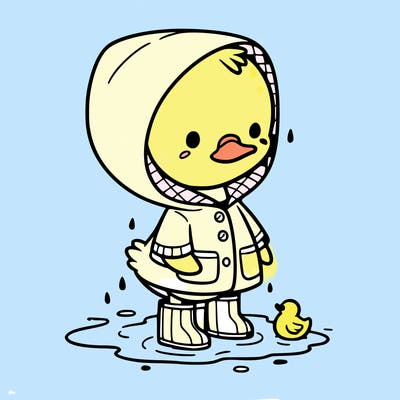 baby duck in a rain coat and boots, in a puddle while it’s raining