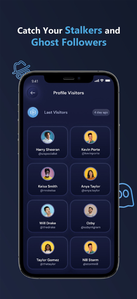 ProReports+ Unfollowers IG - A mobile app screen displaying a list of Instagram profile visitors with their usernames and photos