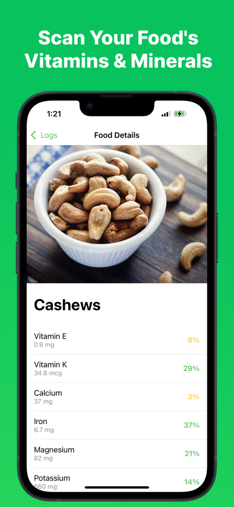 Mobile app interface showing the nutritional breakdown of cashews including vitamin K iron and magnesium