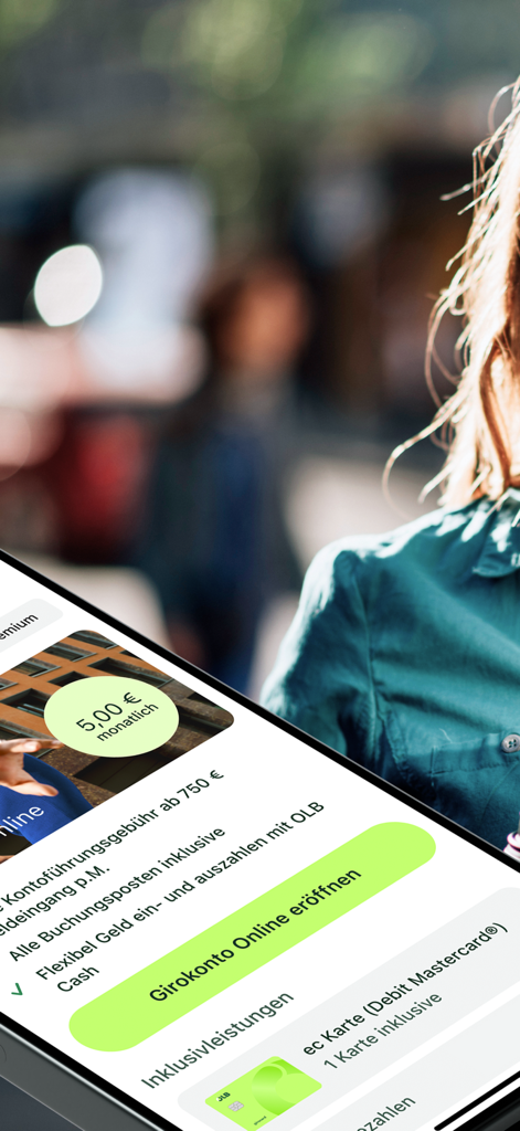 Close up of a smartphone screen displaying the OLB banking app with options to open a checking account online.