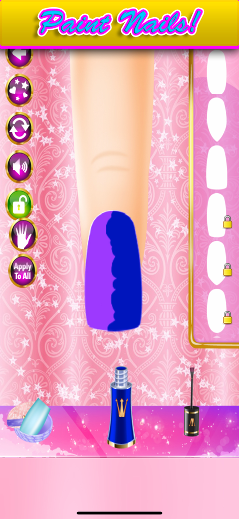 Princess Nail Spa & Salon - Usuario pintando una uña con esmalte azul y morado en el juego Princess Nail Spa and Salon.