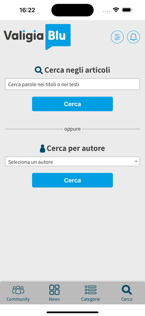Valigia Blu Community - Valigia Blu Community app search screen featuring options to search for articles by keywords or by specific authors
