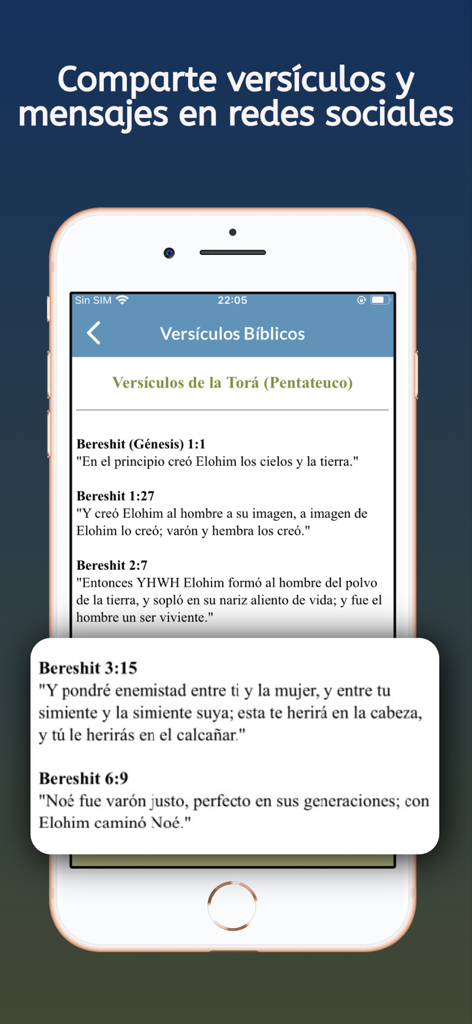 Biblia Kadosh en Español - Interfaz de la aplicación Biblia Kadosh destacando la función para compartir versículos bíblicos en redes sociales