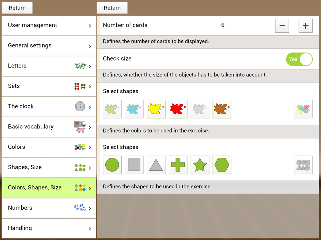 Interfaz de configuración de la aplicación ShowMe 3.0 PRO que muestra opciones de personalización para colores, formas y parámetros de ejercicio