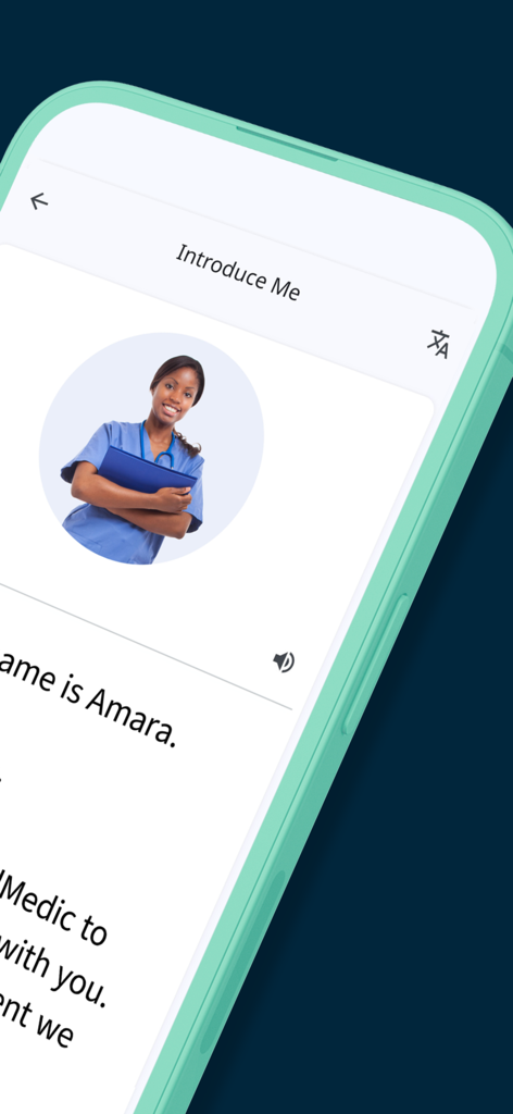 CardMedic - CardMedic mobile app interface displaying the Introduce Me screen with a professional nurse photo and greeting text