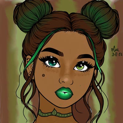 realistic girl with two buns on her hair and lips