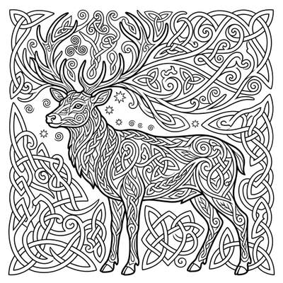 Immerse yourself in the ancient beauty of this Celtic stag, intricately designed with flowing knot patterns. This detailed coloring page offers a captivating artistic journey for all ages.