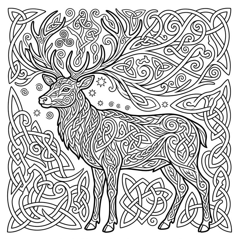 Immerse yourself in the ancient beauty of this Celtic stag, intricately designed with flowing knot patterns. This detailed coloring page offers a captivating artistic journey for all ages.