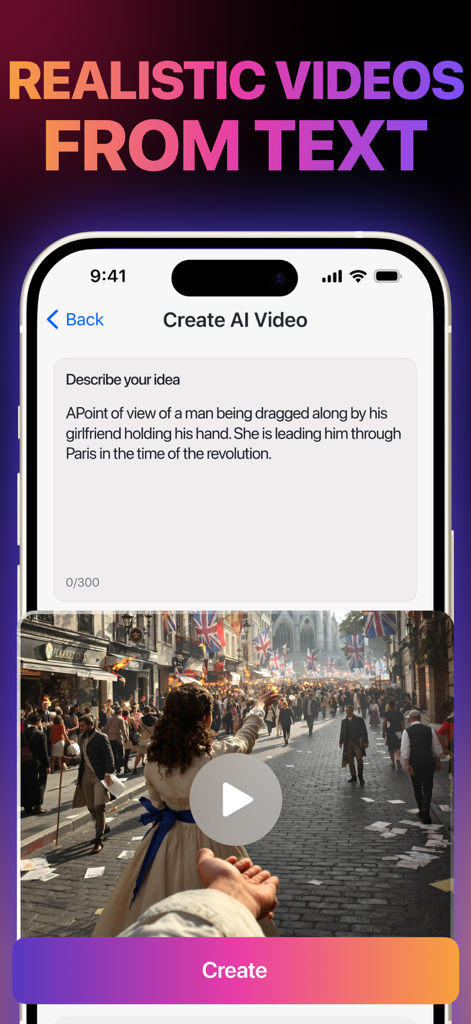 Interfaz de la aplicación PixVideo AI que muestra una indicación de texto utilizada para generar un vídeo histórico realista en un iPhone.