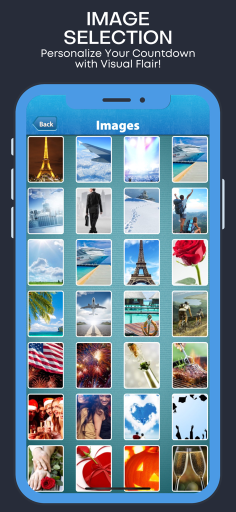 Holiday and Vacation Countdown - A menu of background image options for personalizing holiday and vacation countdowns including travel and event themes