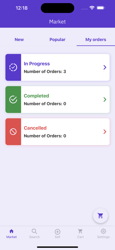 Tela Meus Pedidos do aplicativo UZA Rwanda mostrando categorias de status de pedido para em andamento, concluídos e cancelados.