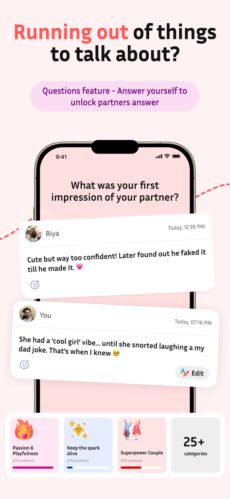 A screenshot of the Kulfi app showing interactive relationship questions and daily conversation prompts for couples