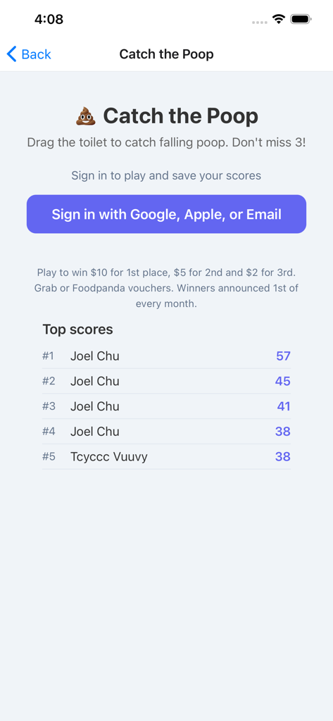 Ploop - Catch the Poop game screen in Ploop app with top scores leaderboard and sign-in button