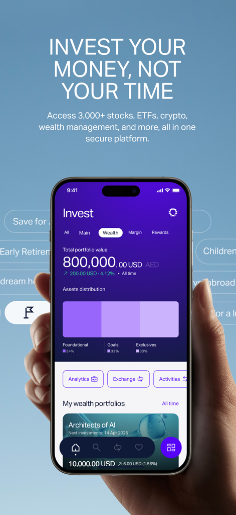 Écran d'investissement de l'application mobile Wio Personal montrant une valeur de portefeuille de 800 000 USD et la répartition des actifs