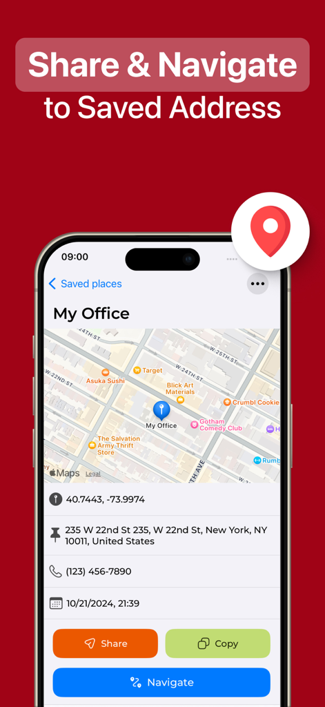 Location & GPS Saver - Share - Interfaz de la aplicación Logation mostrando una ubicación de oficina guardada con opciones para compartir, copiar y navegar