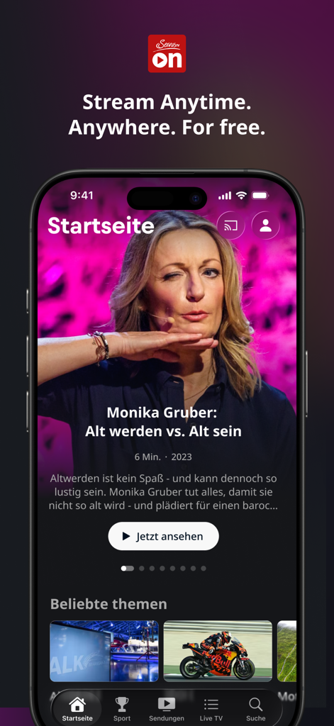 ServusTV On mobile app home screen showing a featured show with Monika Gruber and popular sports topics like MotoGP.