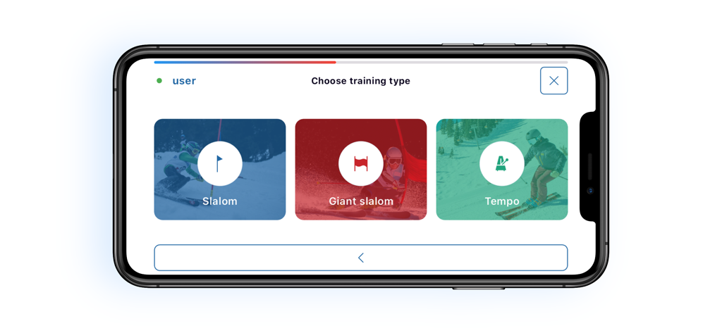 Interfaz de la aplicación PRO SKI Simulator mostrando opciones de entrenamiento para Slalom, Gigante y Tempo.