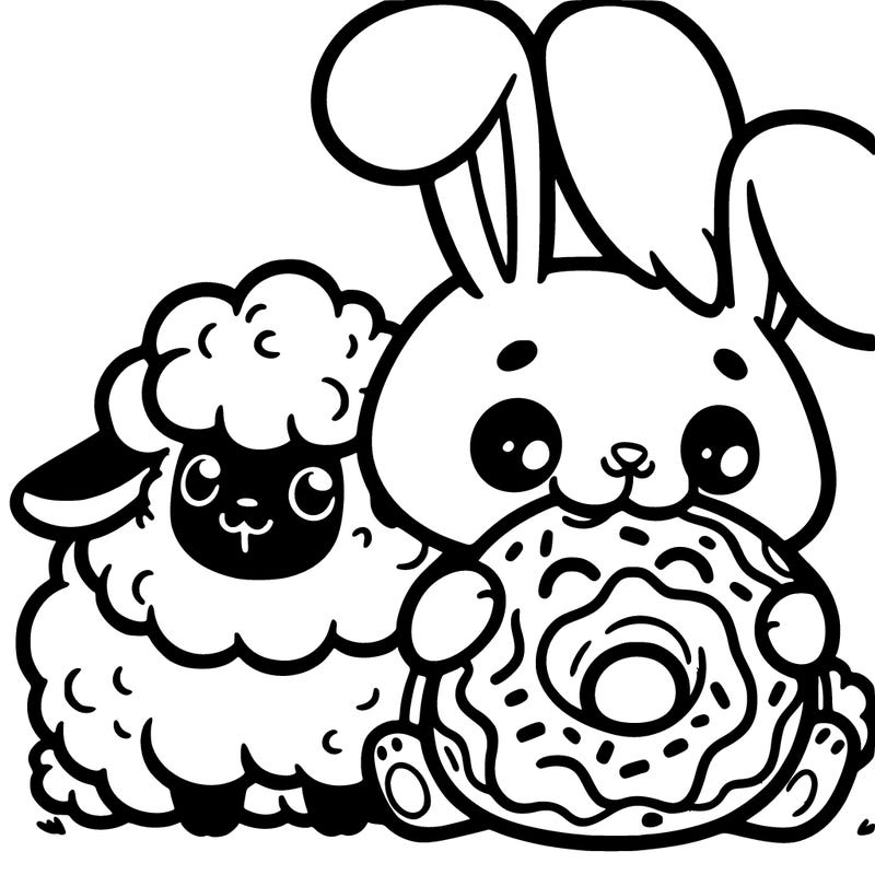 cute bunny eating a donut with a sheep