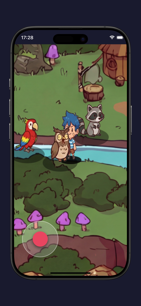 A child character standing near an owl and a parrot in a hand painted forest scene with a recording button
