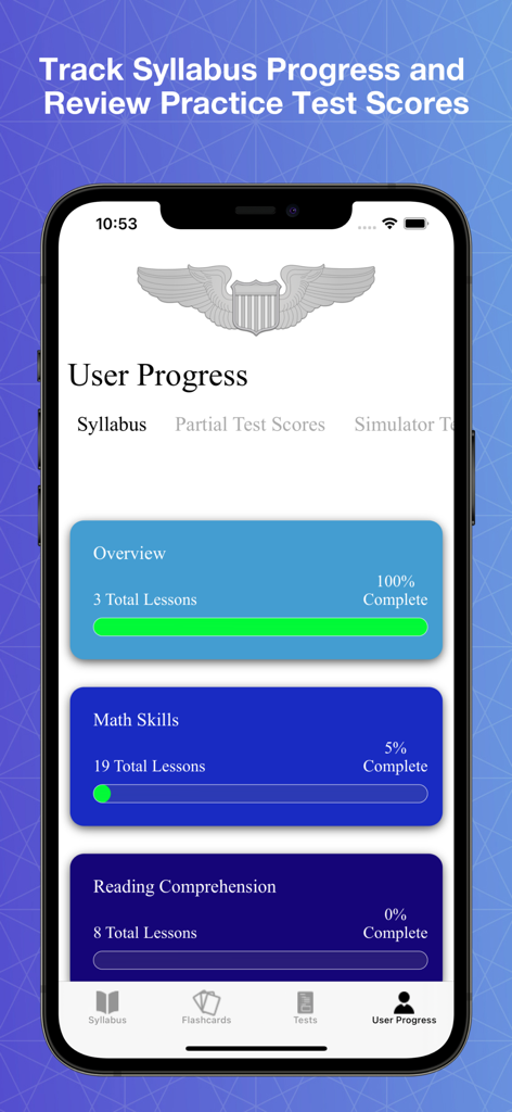 AFOQT & TBAS Prep - User progress dashboard in the AFOQT and TBAS preparation app showing syllabus completion for math skills and reading comprehension.